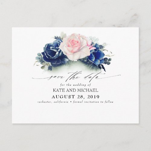 Pink and Navy Blue Floral Boho Save the Date Postcard