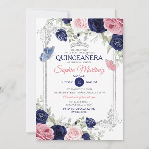 Pink And Navy Blue Floral Butterfly Quincea&#241;era Invitation