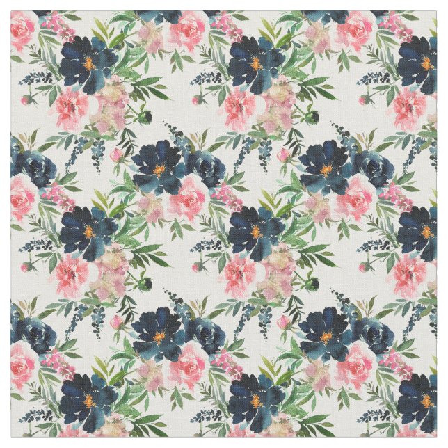 Pink and Navy Blue Floral Fabric (Close Up)