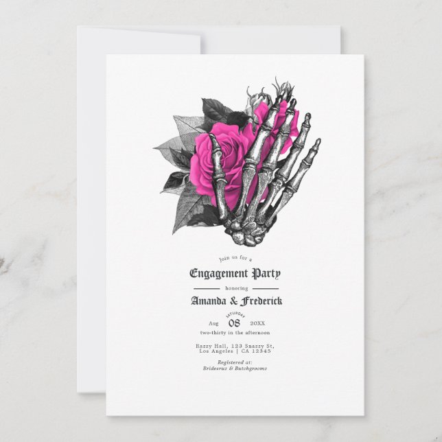 Pink and Navy Blue Floral Gothic Engagement Party Invitation (Front)