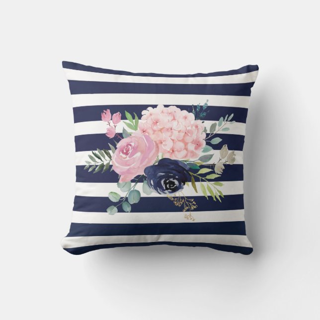 Pink and Navy blue floral Pillow (Front)
