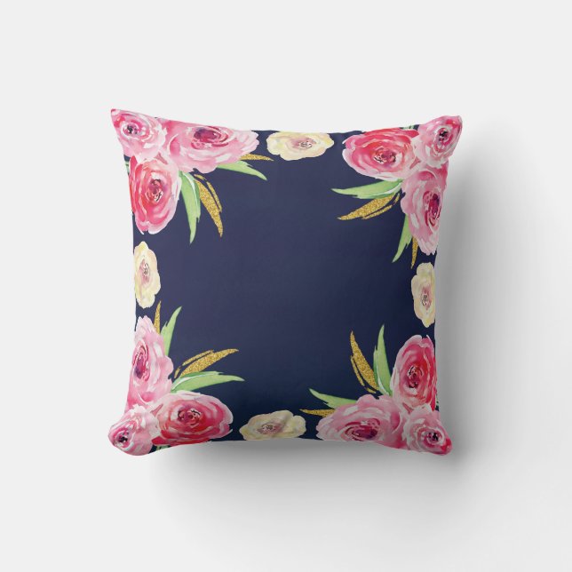Pink and Navy blue floral Pillow (Front)