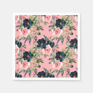 Pink and Navy Blue Floral Roses Wedding Napkins