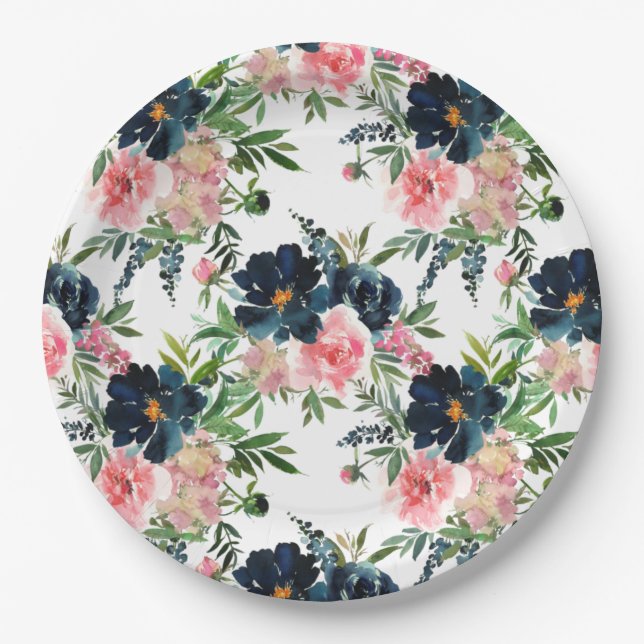 Pink and Navy Blue Floral Roses Wedding Paper Plates (Front)