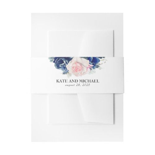Pink And Navy Blue Floral Wedding Invitation Belly Band