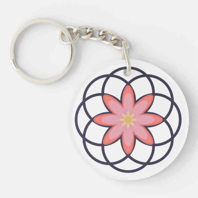Pink and Navy Blue Flower Design Acrylic Keychain (Front)