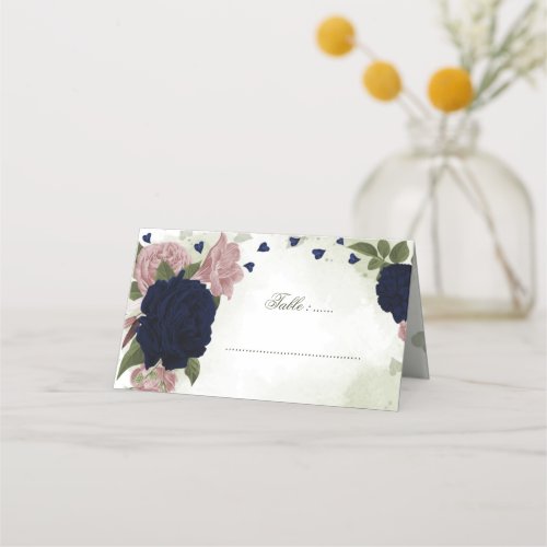 pink and navy blue flowers greenery place card