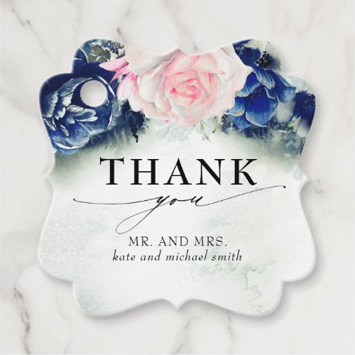 Pink and Navy Blue Flowers Wedding Thank You Favor Tags