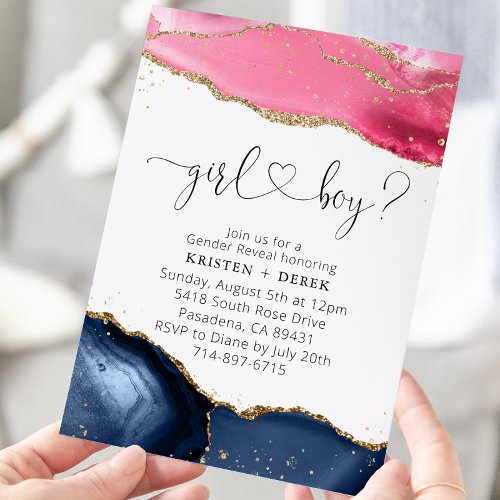 Pink and Navy Blue Geode Watercolor Gender Reveal Invitation
