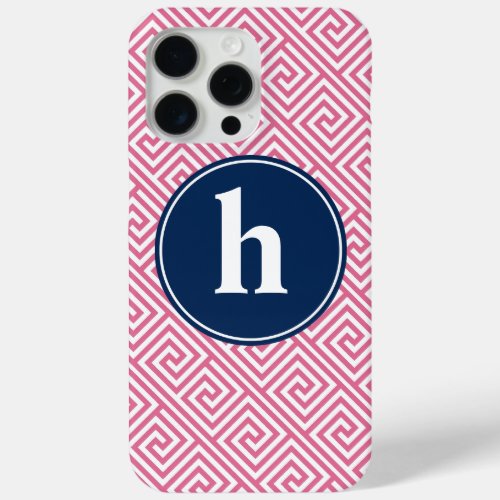 Pink and Navy Blue Greek Key Pattern Monogram iPhone 15 Pro Max Case