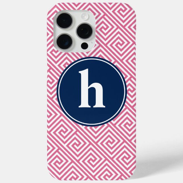Pink and Navy Blue Greek Key Pattern Monogram Case-Mate iPhone Case (Back)