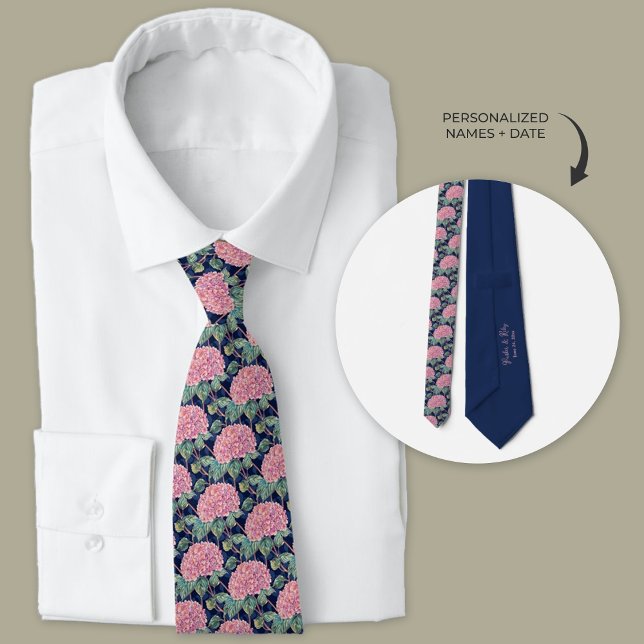 Pink and Navy Blue Hydrangea Groomsmen Neck Tie (Pink Hydrangea Flowers and Navy Blue Groomsmen tie)