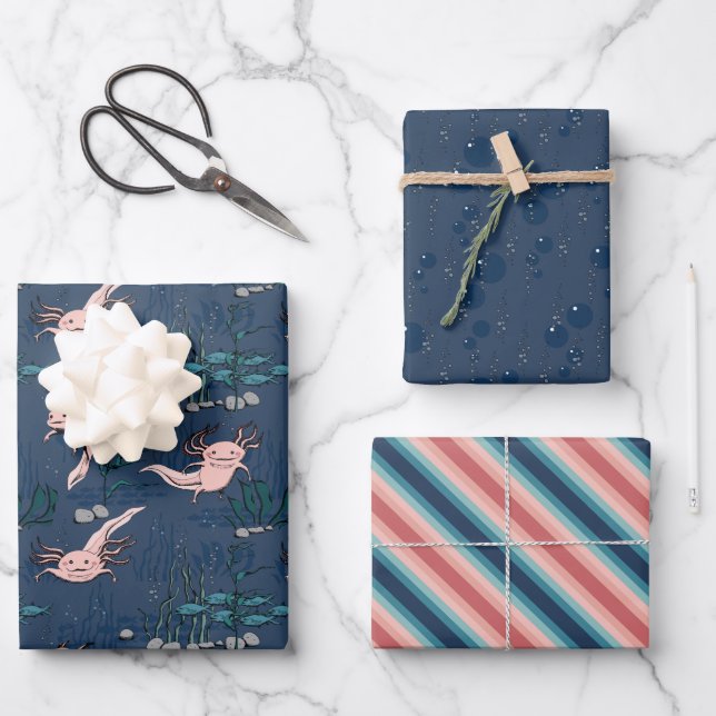 Pink and Navy Blue Mexican Axolotl Wrapping Paper Sheets (Front)