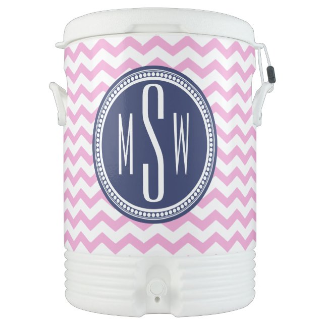 Pink and Navy Blue Monogram Chevron Personalized Beverage Cooler (Front)