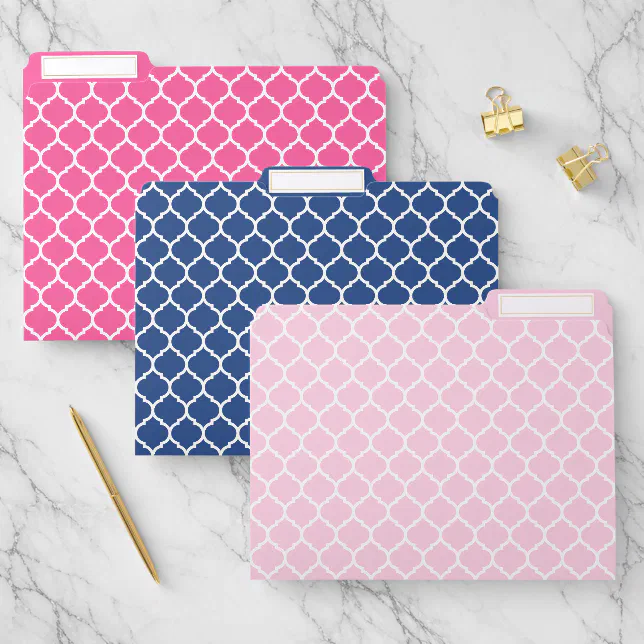 Pink and Navy Blue Quatrefoil Pattern File Folder | Zazzle