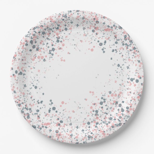 Pink and Navy Blue Splatter Paper Plates (Front)