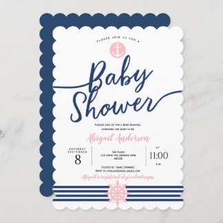 Pink and Navy Blue, Summer, Nautical, Baby Girl Invitation