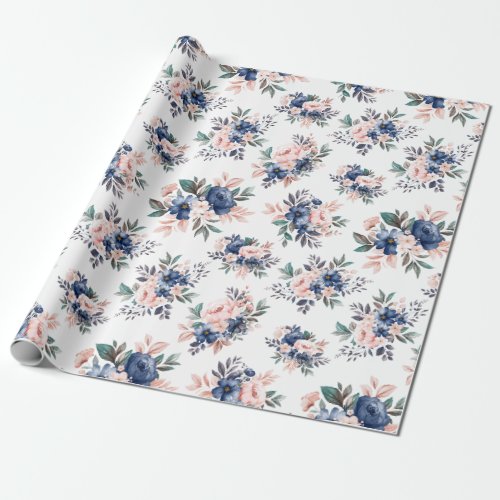 Pink And Navy Blue Watercolor Floral Bridal Wrapping Paper