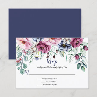 Pink and Navy Blue Watercolor Floral RSVP Card