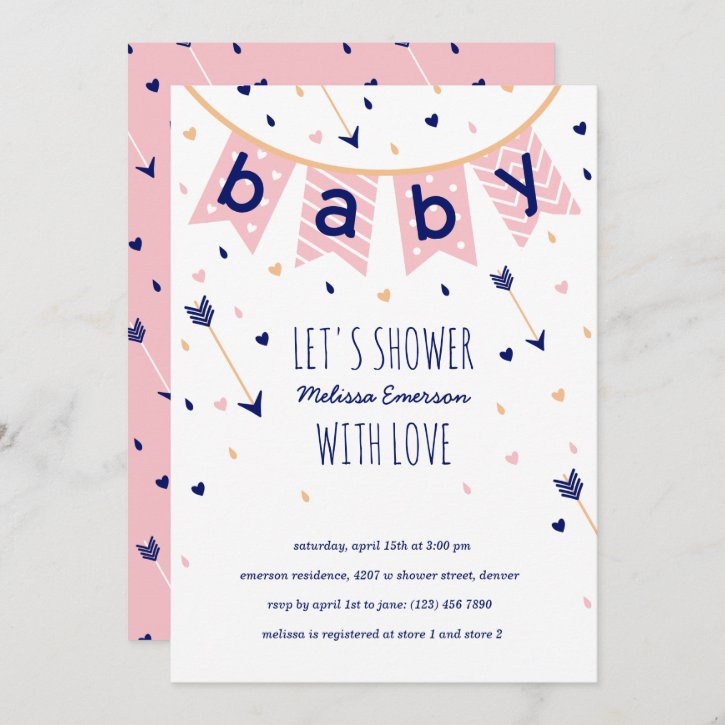 Pink and Navy Boho Baby Shower Invitations