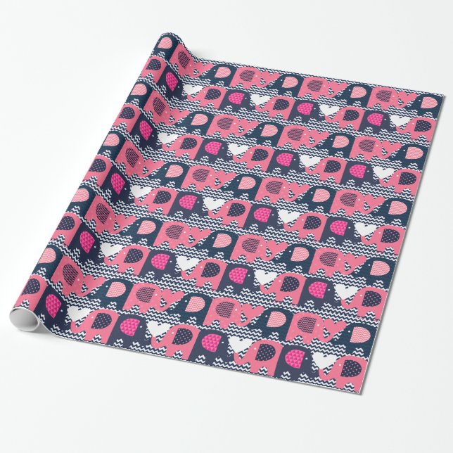 Pink and Navy Elephant Love Wrapping Paper (Unrolled)