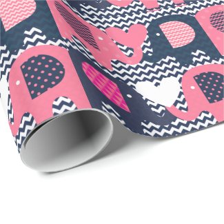 Pink and Navy Elephant Love Wrapping Paper