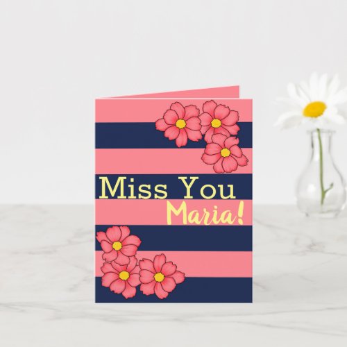 Pink and Navy Floral Custom Name Miss You Card
