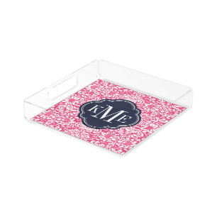 Pink and Navy Floral Damask Monogram Acrylic Tray
