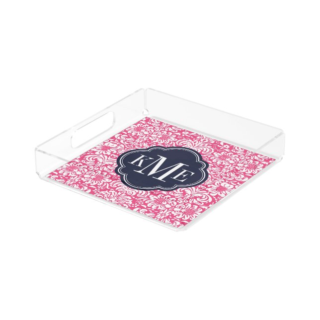 Pink and Navy Floral Damask Monogram Acrylic Tray (Angled)