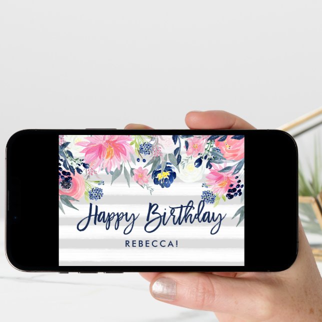 Pink and Navy Flowers | Stripes Happy Birthday Card (Front Digital)