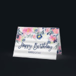 Pink and Navy Flowers | Stripes Happy Birthday Card<br><div class="desc">This lovely happy birthday card for her features trendy watercolor flowers in blush pink and navy blue,  with a soft gray striped background and modern typography. Personalize the inside message to make it completely your own. We have used art from LABFcreations.</div>