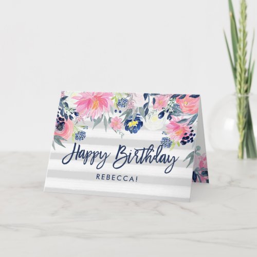 Pink and Navy Flowers  Stripes Happy Birthday Card