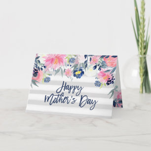 Pink and Navy Flowers Stripes Happy Mother's Day Card