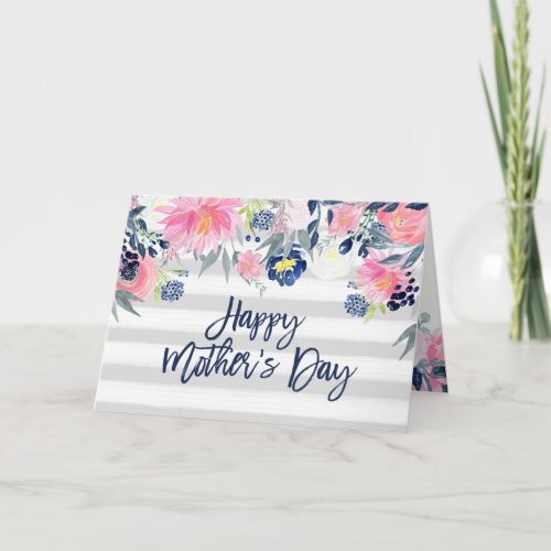 Pink and Navy Flowers  Stripes Happy Mothers Day Card