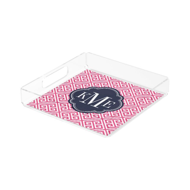 Pink and Navy Greek Key Monogram Acrylic Tray (Angled)