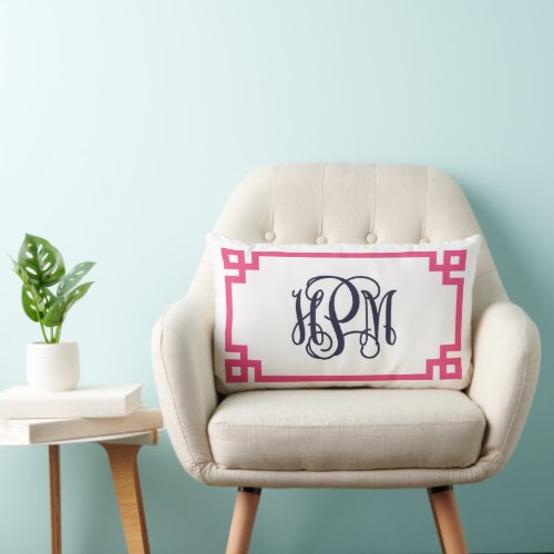 Pink and Navy Greek Key Script Monogram Lumbar Pillow