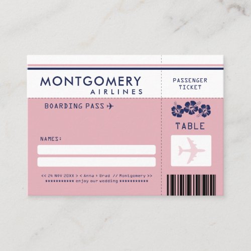 Pink and Navy Hibiscus Boarding Pass Seating Card