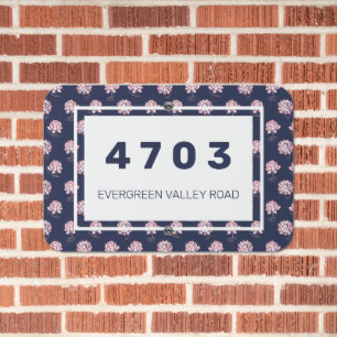 Pink and Navy Lotus Flower House Number Address Metal Sign