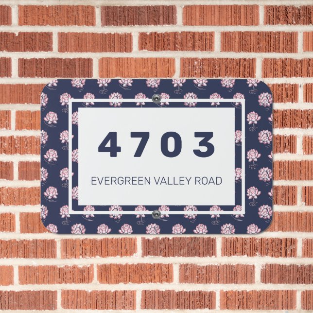 Pink and Navy Lotus Flower House Number Address Metal Sign (In Situ(Brick))