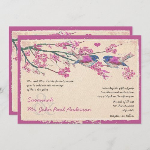 Pink and Navy Love Bird Cherry Blossom Wedding Invitation