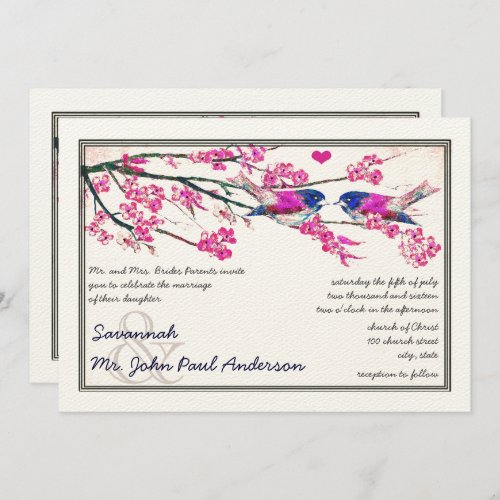 Pink and Navy Love Bird Cherry Blossom Wedding Invitation