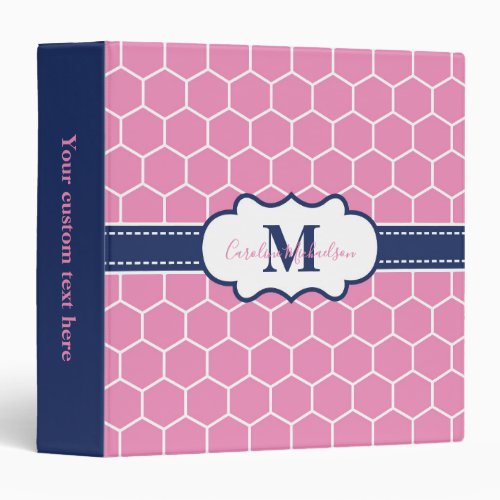 Pink and Navy Monogram Geometric Pattern  3 Ring Binder