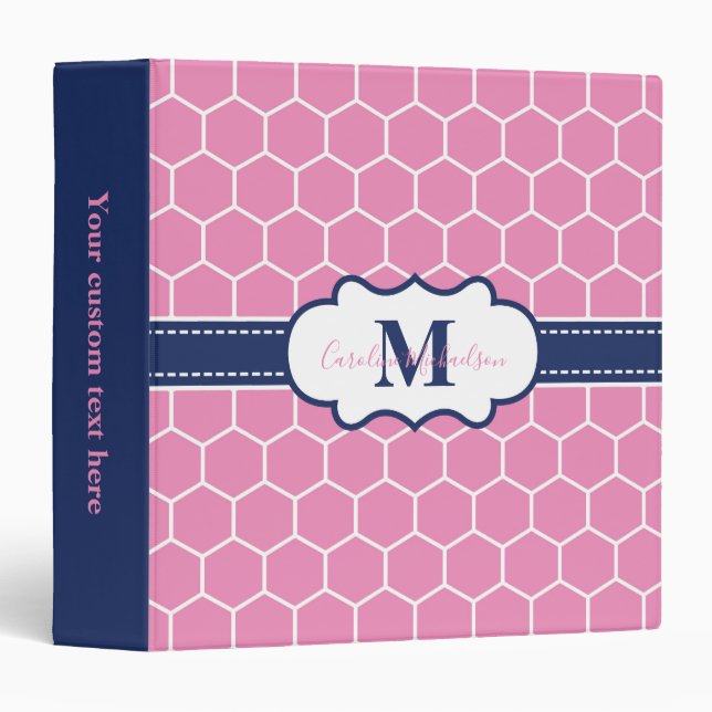 Pink and Navy Monogram Geometric Pattern  3 Ring Binder (Front/Spine)