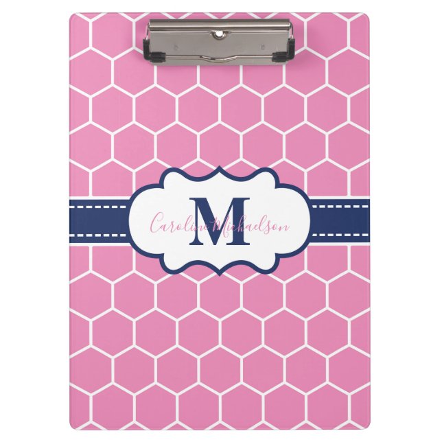 Pink and Navy Monogram Geometric Pattern  Clipboard (Front)