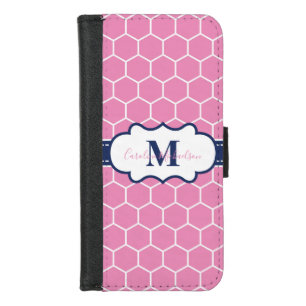 Pink and Navy Monogram Geometric Pattern  iPhone 8/7 Wallet Case