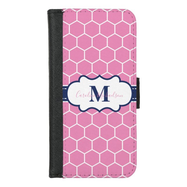 Pink and Navy Monogram Geometric Pattern  iPhone Wallet Case (Front)