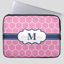 Pink and Navy Monogram Geometric Pattern  Laptop Sleeve