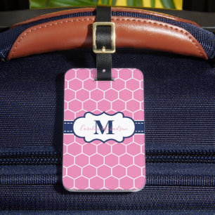 Pink and Navy Monogram Geometric Pattern Luggage Tag