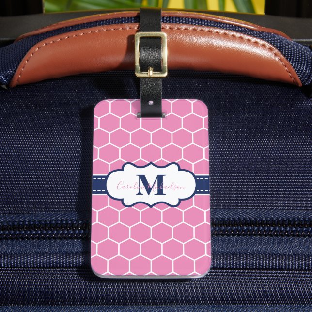 Pink and Navy Monogram Geometric Pattern Luggage Tag (Front Insitu 2)