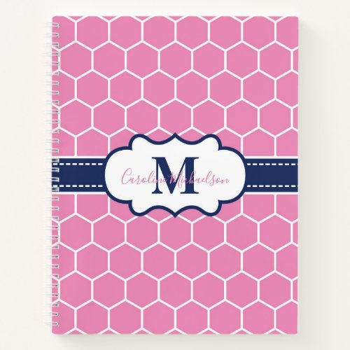 Pink and Navy Monogram Geometric Pattern  Notebook